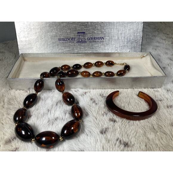 1950’s Napier Chunky Graduated Root Beer Lucite Bead Necklace & Bangle MCM - Picture 1 of 15
